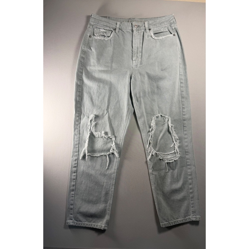 American Eagle Sage Green Distressed Ankle Jeans Women 12 High Rise Straight Leg
